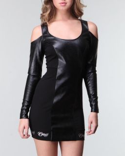 NWT   COOGI Womens MIX MEDIA Faux Leather / Fabric MINI DRESS Black