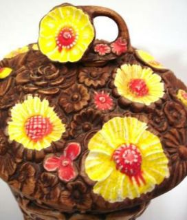 Treasure Craft Vintage Cookie Jar Brown Basket of Flowers Red Yellow