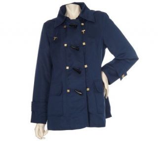Dennis Basso Water Resistant Toggle Front Jacket with Removable Hood 
