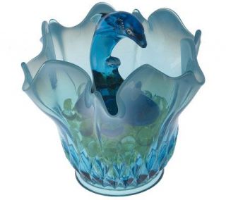 Fenton Art Glass Blue Lagoon Dolphin & Vase —