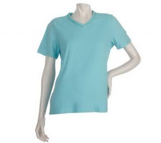 Denim & Co. Essentials Short Sleeve V neck T shirt with Lace Trim 