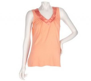 Motto Satin Trim V neck Stretch Tank w/ Pleat Detail   A75422