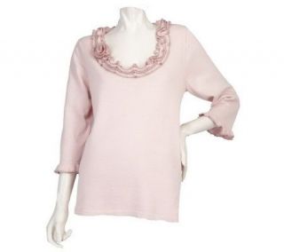 Quacker Factory 3/4 Sleeve Ruffled Sweater with Sequin Rose Detail
