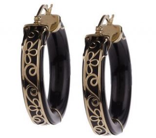 Floral and Scroll Design Gemstone Hoop Earrings 14K Gold —