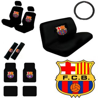 15pc Set SUV Seat Cover Barcelona Futbol Soccer Floor Mat Wheel Belt