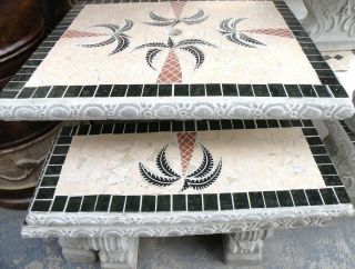 Concrete Patio Garden Table Square Tile with 2 Benches and Pedestal