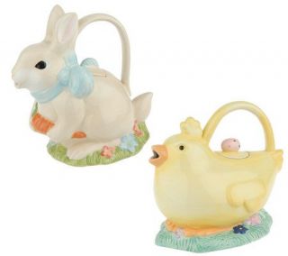 Set of 2 Handpainted Bunny & Chick Teapots by Valerie —
