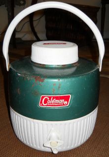 Vintage Coleman Water Cooler Jug Green Metal One Gallon Cup Included