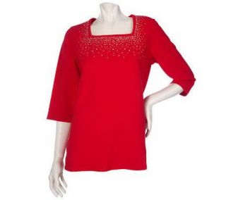 Quacker Factory 3/4 Sleeve Stud & Stone T Shirt with Square Neckline 