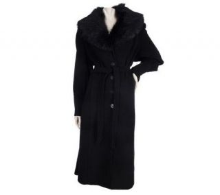 Dennis Basso Wool Blend Full Length Coat w/ Removable Faux Fur Collar 