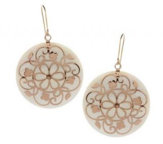 Round Mother of Pearl Floral Overlay Dangle Earrings 14K Gold