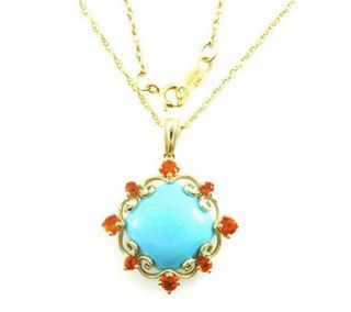 Turquoise and Fire Opal Scroll Frame Pendant with Chain, 14K