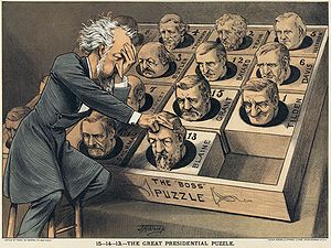 An 1880 political cartoon depicts Senator Conkling over a