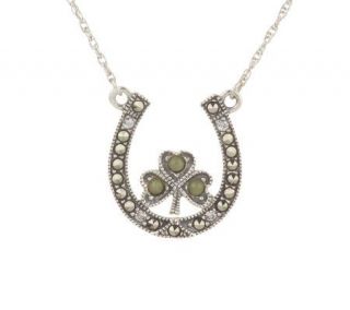 Sterling Silver and Marcasite Horse Shoe and Marble Shamrock Pendant 