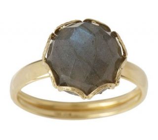 Faceted Round Labradorite Scallop Border Ring, 18K Gold —