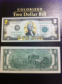 22 K Gold 2 Dollar Bill Hologram Colorized USA Note Legal Currency