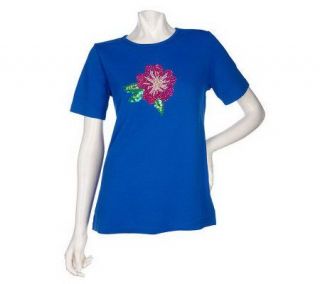 Quacker Factory Short Sleeve Tropical Sequin Sparkle T shirt