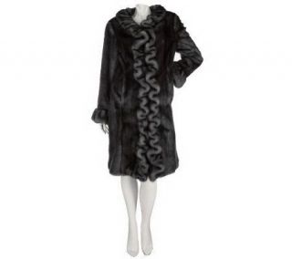 Dennis Basso 3/4 Length Faux Fur Coat w/ Ruffle Front & Stand Collar 