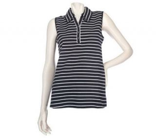 Sport Savvy Stretch Jersey Sleeveless Striped Polo Shirt —