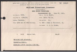 Coudersport PA McCabe Furniture Co 1923 Business Statement