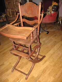 Antique Convertible Wood High Chair Rocker for Child Doll Teddy Bear