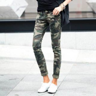  Pants Slim Trousers Womens Army Print Khaki Ladies Cotton Jeans