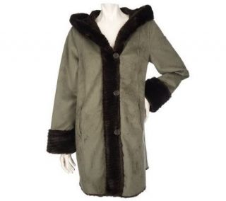 Dennis Basso Reversible Faux Shearling Hooded Coat w/Faux Fur Trim