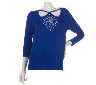 Bob Mackies 3/4 Sleeve Crossover Neck Top with Jewel Detail