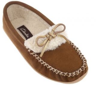 Clarks Suede Moccasin Slippers with Faux Fur Lining & Bow Detail 