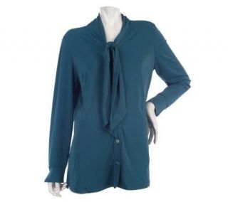 Dennis Basso Matte Jersey Blouse with Tie Detail and Banded Cuffs 