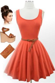 50s Style Pinup Coral Scoop Neck Fit N Flare Full Skirt Belted Skate