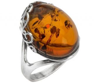 Baltic Amber Sterling Scroll Overlay Ring —
