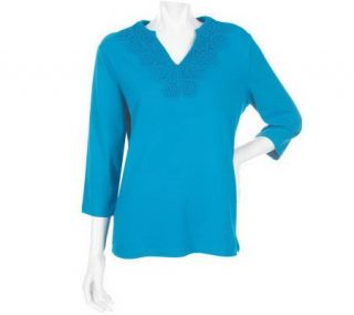 Denim & Co. 3/4 Sleeve V slit T shirt with Crochet Lace Trim