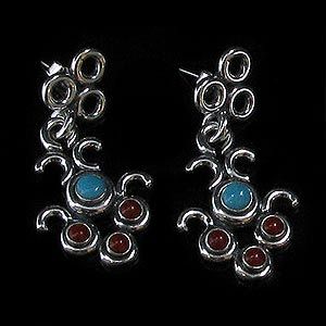 Sterling Silver Turquoise Red Coral Chandelier Earrings