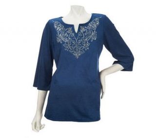 Susan Graver Faux Suede Top with 3/4 Sleeves & Front Embellishment