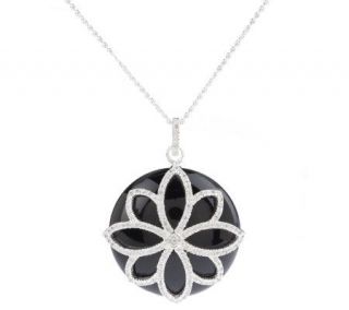 Diamonique Sterling Onyx Floral Overlay Pendant w/Chain —