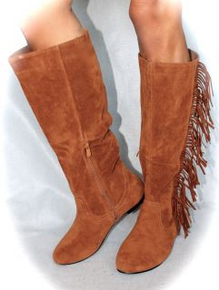 Fringe Boots Cherokee Indian Chestnut DK Tan Sueded Womens Tall Boot
