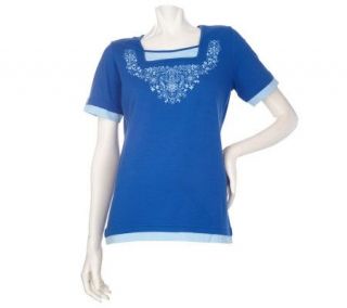Denim & Co. Short Sleeve Square Neck Top with Print & Bead Detail 