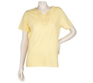Denim & Co. Embellished Split V neck T shirt with Inset —