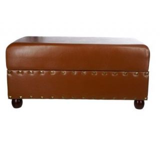 Faux Leather Upholstered Storage Ottoman with Antiqued Goldtone Studs 