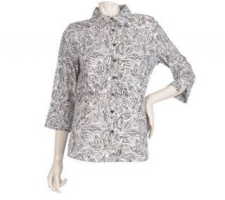 Denim & Co. 3/4 Sleeve Leaf Print Woven Shirt w/ Coconut Buttons