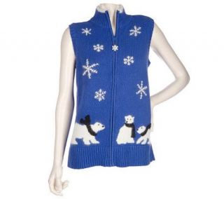 Quacker Factory Cozy Polar Bear Zip Front Sweater Vest —
