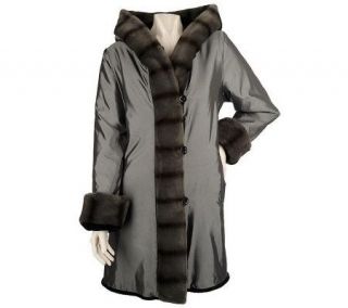 Dennis Basso Reversible Metallic/ Faux Fur Hooded Coat —