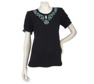 Denim & Co. Short Sleeve Peasant Top w/ Embroidery and Keyhole Detail 