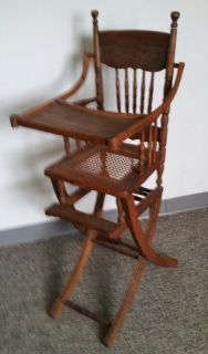 Antique Convertible Oak High Chair Rocker with Caned Seat