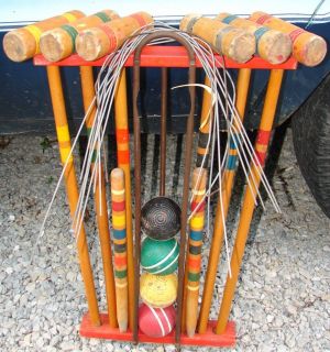 Vintage Kids Wood Croquet Set w Rack Stand