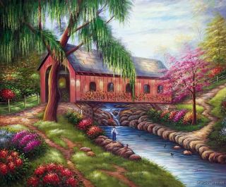  Covered Bridge Barn River Stretched Americana 24x36 Oil Painting