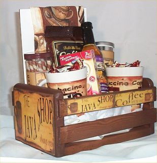 Coffee Gift Basket Cafe Java 2 Mugs Candy Towel Cookies Syrup Wood