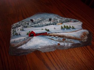  COLLECTIBLE SLATE HAND PAINTED VT COVERED BRIDGE WINTER SCENE WALL ART