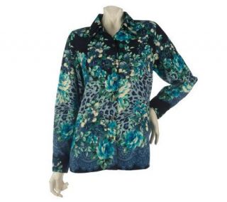 Susan Graver Peachskin Button Front Big Shirt with Mixed Prints